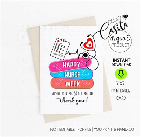 Nurse Week Printable 5x7 Folded Greeting Cardthank You Medical Card