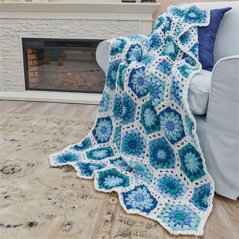 Free Experienced Red Heart Hexagon Blues Throw Crochet Pattern