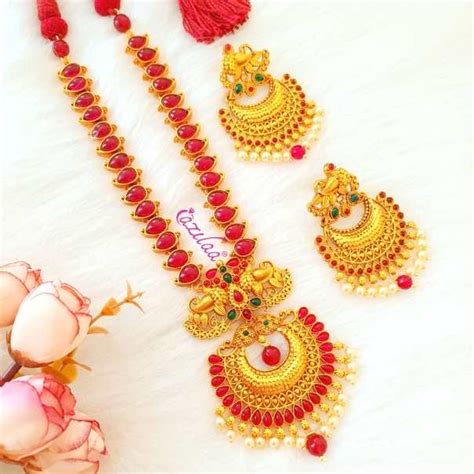 Semi Bridal Antique Golden Maroon Necklace Set At Azilaa