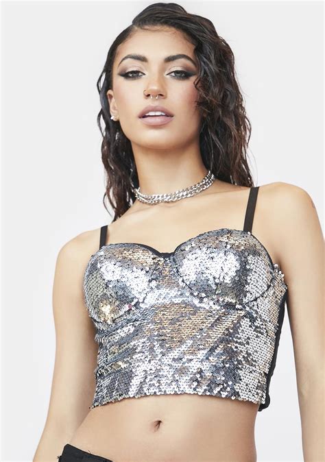 Sequin Bustier Crop Top Silver Dolls Kill