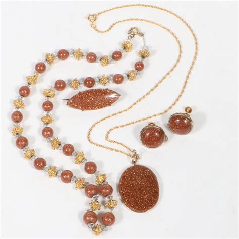 Lot Vintage Goldstone Aventurine 4pc Jewelry Group Osbee 1 20 12K