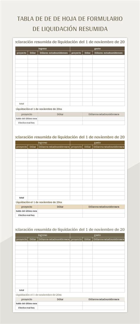 Plantilla de Excel Tabla De De De Hoja De Formulario De Liquidación