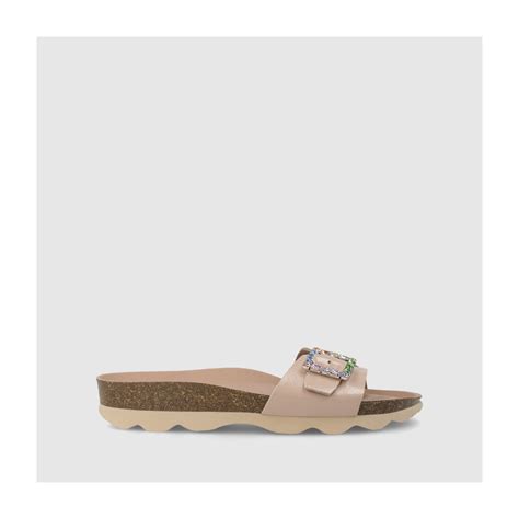 Sandalias Planas De Mujer En Tejido Efecto Piel Charol De Color Nude Con Hebilla En Pedrer A I