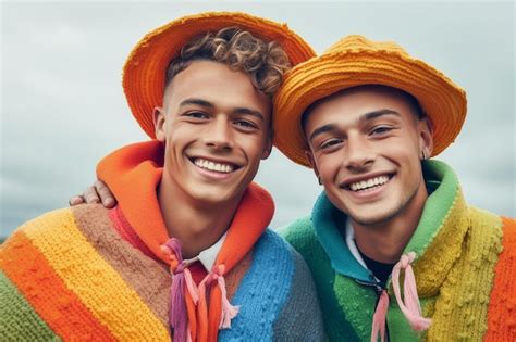 Una Hermosa Pareja Gay Feliz Con Los Colores Del Arco Iris En Un Campo De Flores Mes Del Orgullo