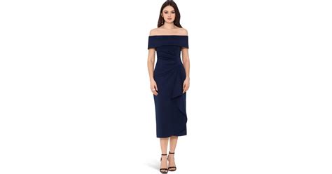 Xscape Scuba Crepe Over The Shoulder Side Ruched Dress In Blue Lyst