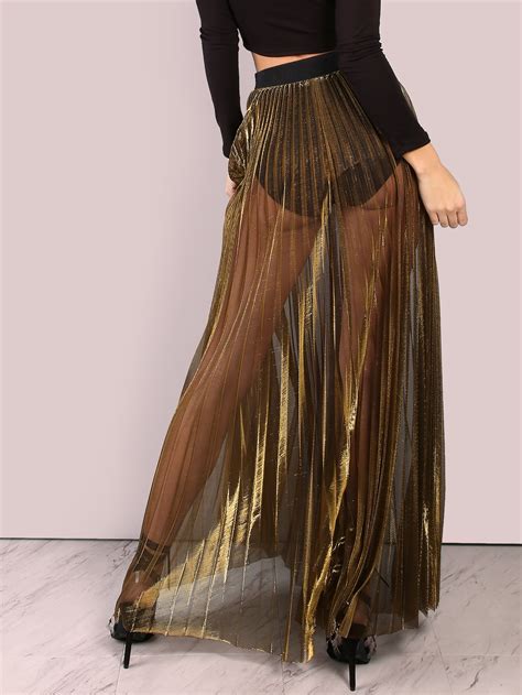 Sheer Metallic Pleated Maxi Skirt Gold Shein Sheinside