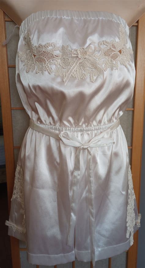 Vtg Glossy Bridal White Satin Lace Lingerie Bodysui Gem