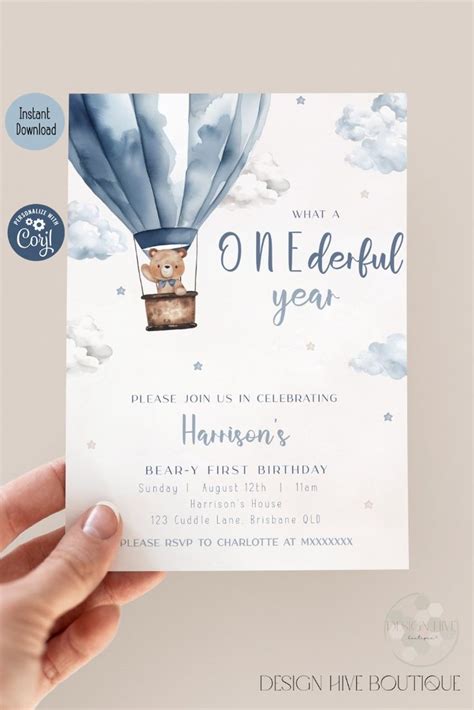 Editable Onederful Birthday Invitation Teddy Bear Hot Air Balloon Invite Boy Beary First