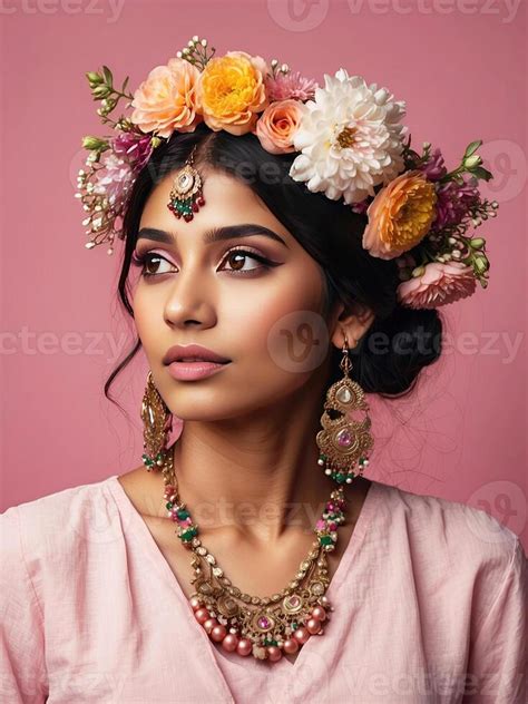 ai généré une Jeune brunette Indien femme avec une coiffure de printemps fleurs dans sa cheveux