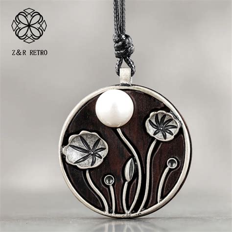 Черный лотос кулон и ожерелье s винтажное длинное деревянное ожерелье ...