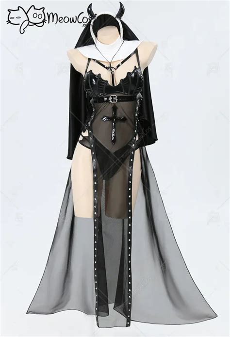 Meowcos Women Gothic Wicked Nun Uniform Cosplay Costume Sexy Lingerie Set Black Mesh Dress With