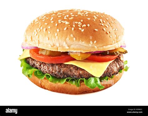 Classic cheeseburger isolated on white background. Front view Stock