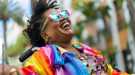 Happy African American Plus Size Disabled Lesbian Woman In Wheelchair