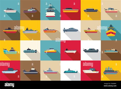 Warship Icons Set Flat Vector Aircraft Carrier Military War Boat