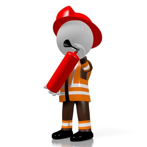 Мультяшный пожарный держит огнетушитель на белом фоне | Премиум Фото