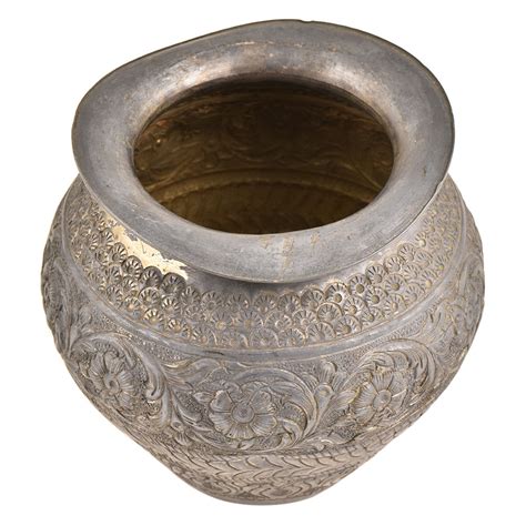 Handmade Brass Repousse Floral And Leaves Design Pattern Pot