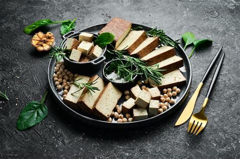 Queso De Soja Tofu Con Romero En Rodajas En Un Plato Sobre Un Fondo De