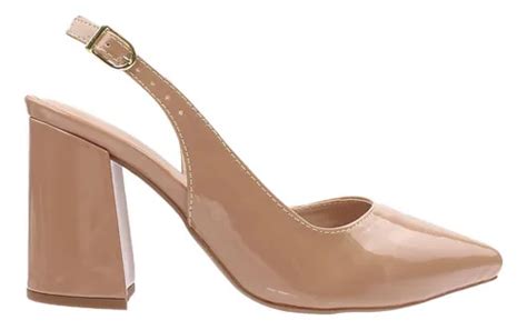 Scarpin Verniz Nude Fivela Salto Bloco Cm Parcelamento Sem Juros