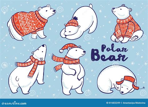 Polar Bears Collection In Red Sweater Scarf And Hat Stock Vector