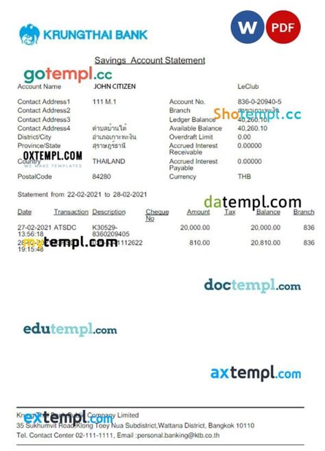 Thailand Krungthai Bank Statement Word And Pdf Template