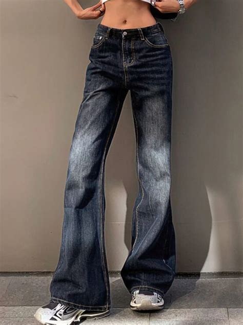 Emmiol Free Shipping Vintage Washed Distressed Flare Jeans Dark