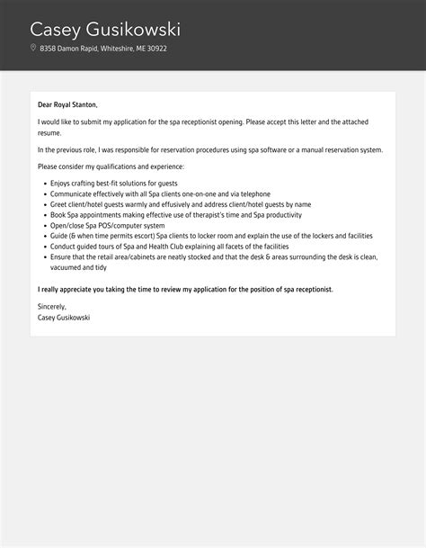 Spa Receptionist Cover Letter | Velvet Jobs