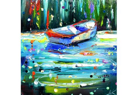 Boat Art Lake Landscape Original Art Boat Watercolor Painting Landscape ...