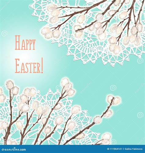 Easter Greeting Card Hand Drawn Illustration With Doilies And Pussy