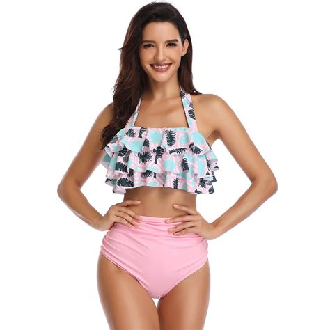 Latest Design Ruffle Print Floral Tops High Waist Two Piece Set Women Sexy Bikini Swimwear