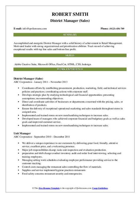 District Manager Resume Samples Qwikresume