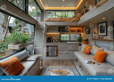 interior view   modern tiny house  smart storage solutions