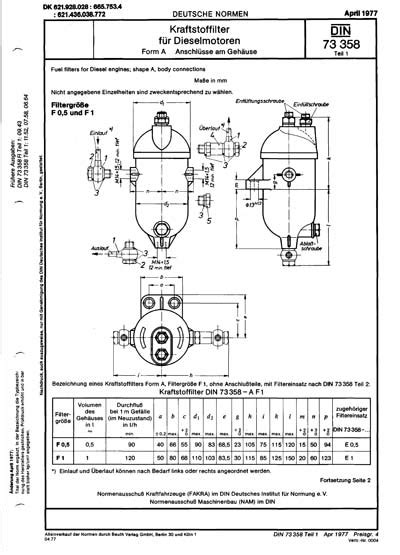 DIN 73358-1:1977 DE - Kraftstoffilter für Dieselmotoren, Form A ...