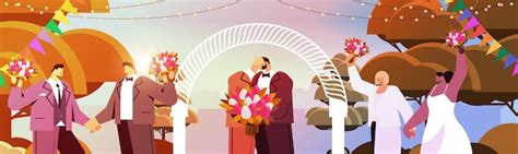 Premium Vector Newlywed Lesbian Couple With Flowers Standing Together