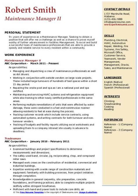 Maintenance Manager Resume Samples Qwikresume