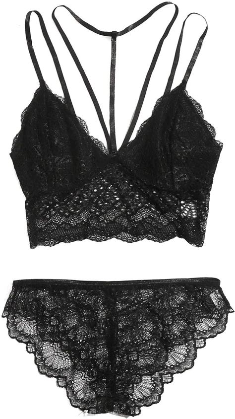 WDIRARA Women S Pieces Sheer Mesh Lace Solid Lingerie Set With Choker And Garter Amazon