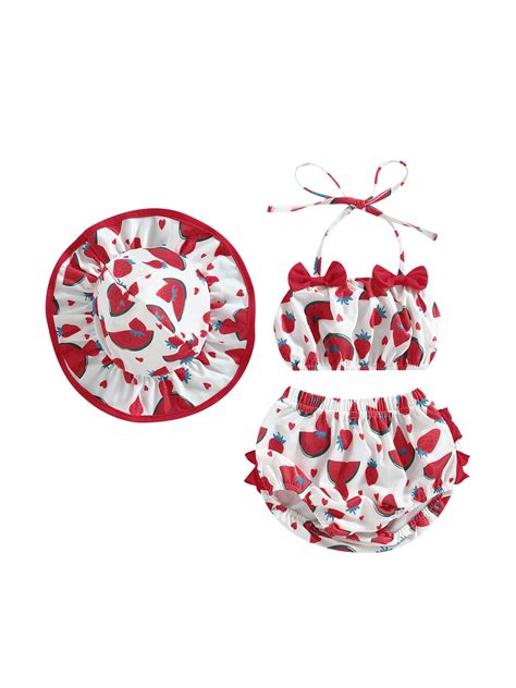 Infant Baby Girl Piece Bikini Set Halter Sleeveless Swimsuits Top Swim Shorts Hat Swimwear