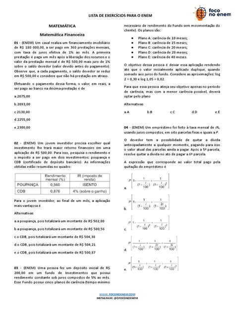 Exercícios Matemática Financeira - Matematica Financeira Lista de Exercicios Matematica ENEM | PDF | Juros ...