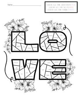 Valentine S Day Coloring Page Adjectives Nouns Verbs Sort Worksheet