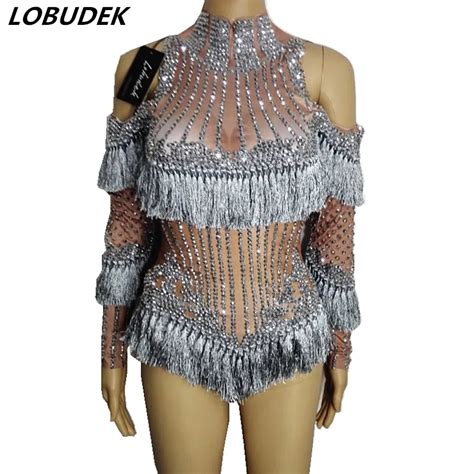 Buy Silver Tassels Bling Rhinestones Bodysuit