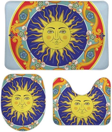 Wellsay Non Slip 3 Piece Bathroom Rug Set Ethnic Sun Ornamental Mandala