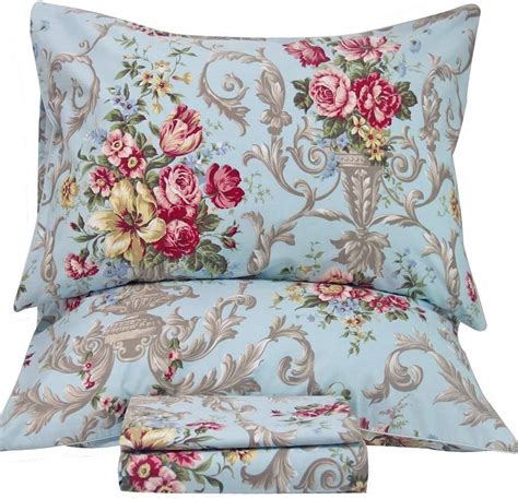 Amazon QSH Floral Bed Sheets Set King Size Shabby Peony Print