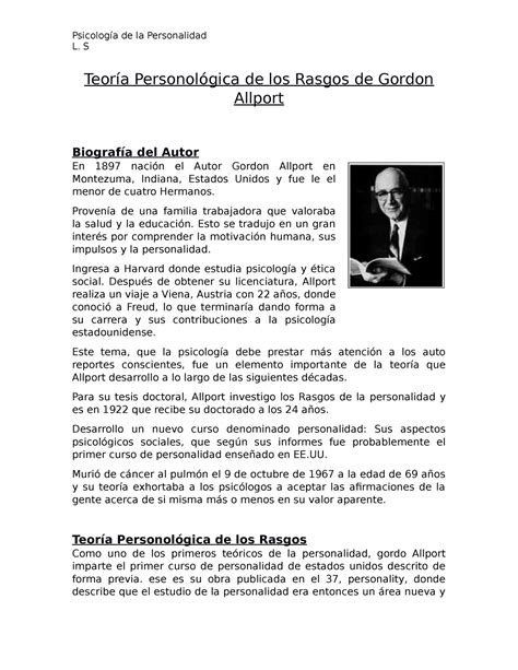 Teoría Personologica De Los Rasgo De Gordon Allport Psicología De La