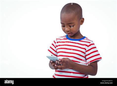 Standing Boy Using Smartphone Stock Photo Alamy