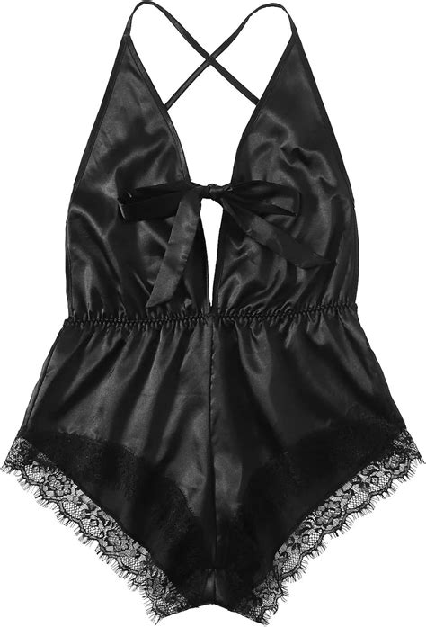 Shein Women S Satin Lingerie Lace Trim Teddy Bow Knot Romper Bodysuit