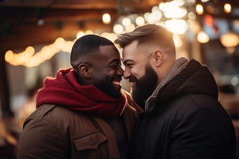 Premium Photo Portrait Of A Happy Gay Couple Embracing Each Other Outdoorsdiversity And Lgbt