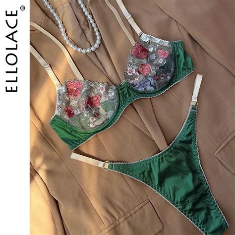 Ellolace Floral Sexy Erotic Lingerie Woman Transparent Lace Bra Satin Intimate Female Without