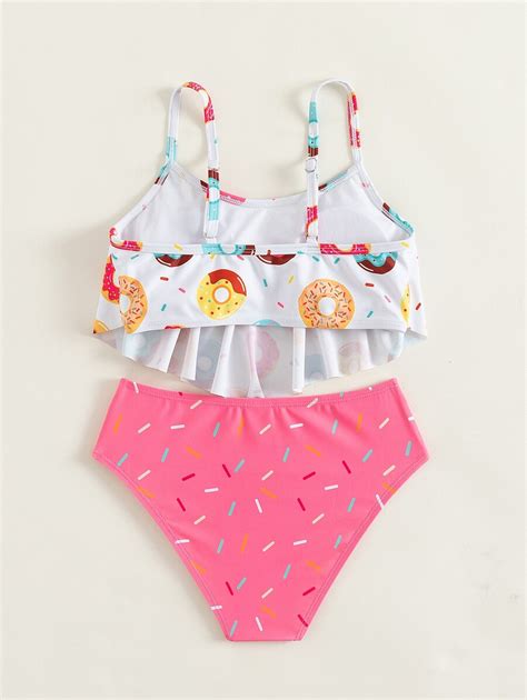SHEIN Ensemble de bikini à volants avec imprimé de beignet pour fille pré adolescente été plage