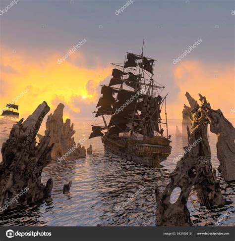 Old Scary Pirate Ship Sea Render Stock Illustration By ©denissmile