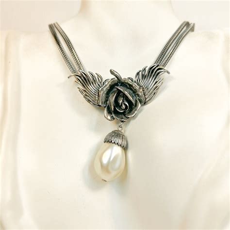 Vintage Botticelli Silver Large Rose Huge Simulated Teardrop Baroque