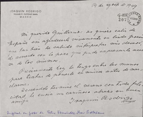 Carta de Joaquín Rodrigo a Guillermo Fernández Shaw agradeciéndole el